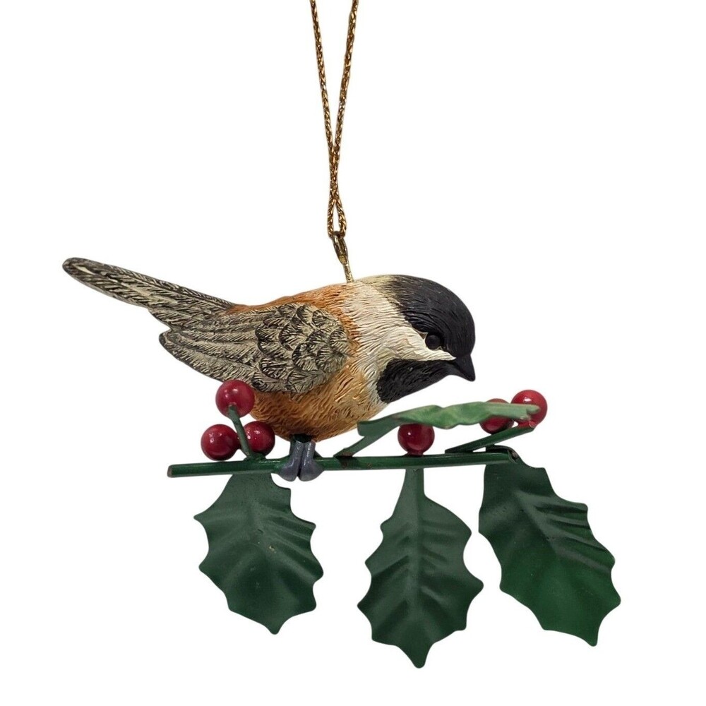 Black Capped Chickadee Bird Christmas Ornament Holly Berries Metal Leaves